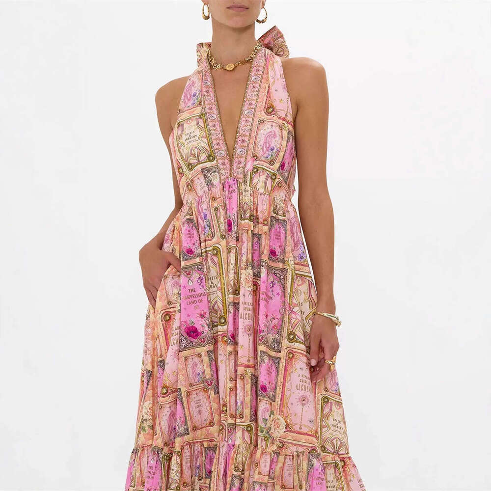 2026 new fashion goddess like sexy vacation style V-neck tie with backless printed flowing dress