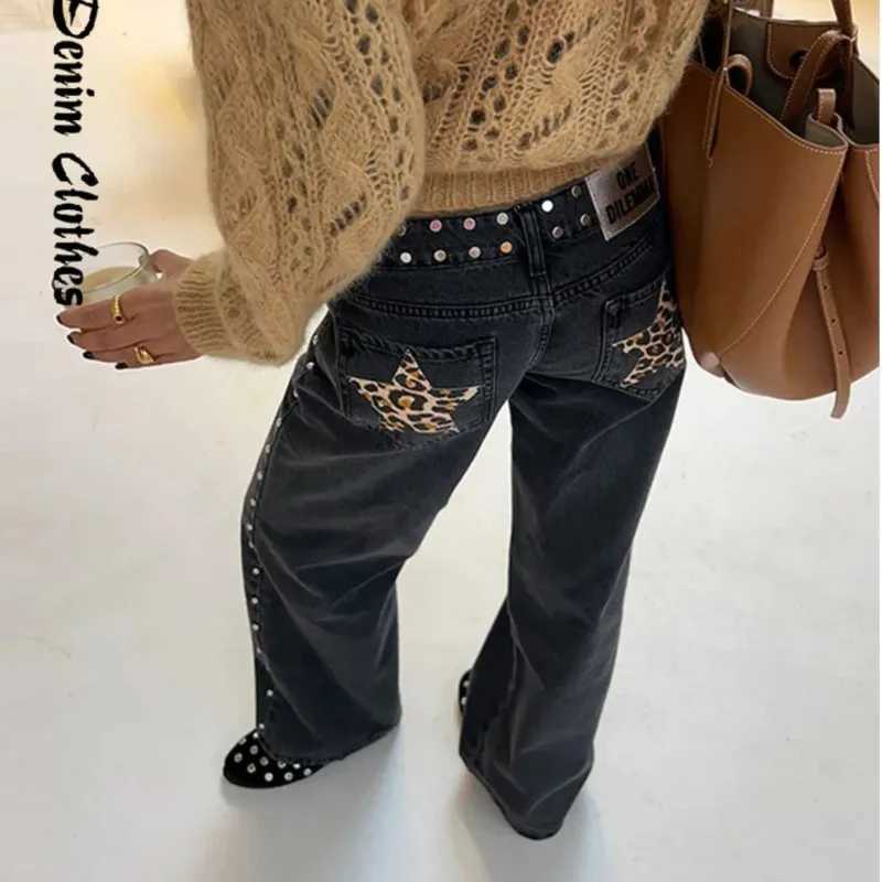 High Waisted Wide Leg Jeans With Star Patches Y2K Vintage Denim Pants Women Baggy Straight Cut Casual Fashion JeansT260310