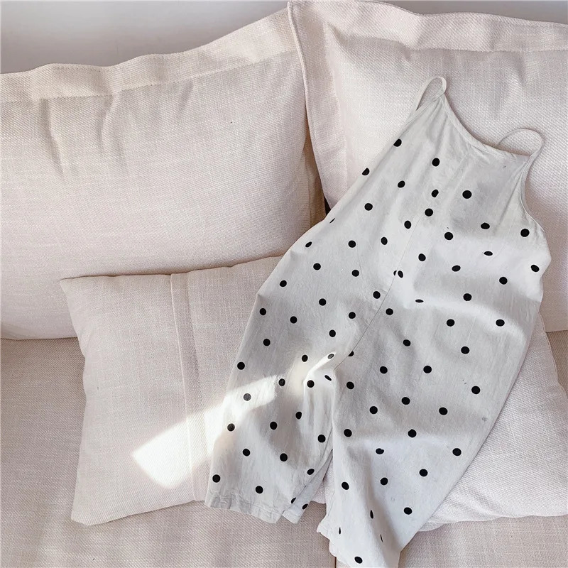 Summer Korean Style Toddlers Girls Polka Dots Sling Jumpsuits Cotton Linen Toddlers Kids Backless Overalls 260306