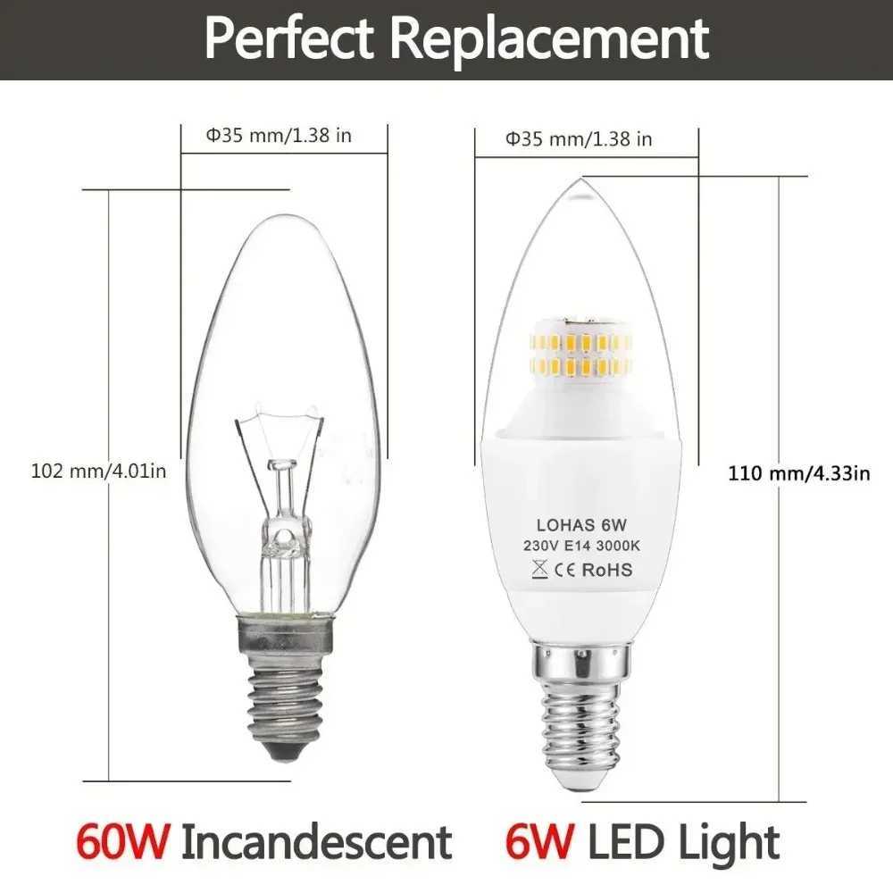 Melery E14 Lamp LED Candle Bulbs 60Watt Incandescent Bulb Equivalent 6W 550lm Warm White 3000K Edison Screw Light 220V AC Room H260310