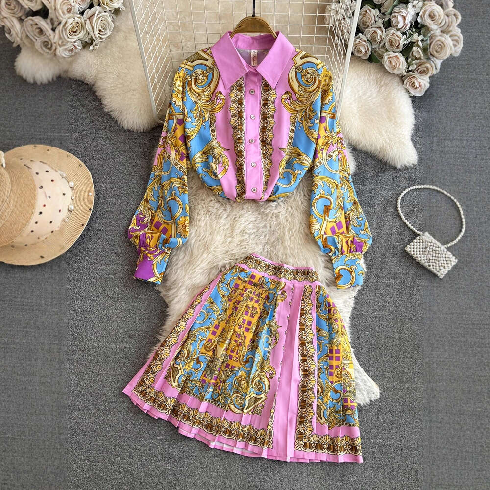 Women's Fashion Set Korean Elegant Long Sleeve Collar Single breasted Printed Shirt Two Piece Set High Waist Skirt