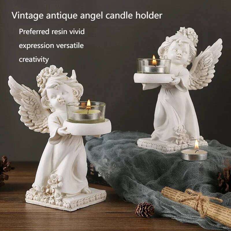 European Handmade Resin Candlestick - Distressed Angel Wing Design, Versatile Decor for Multiple Spaces H260310