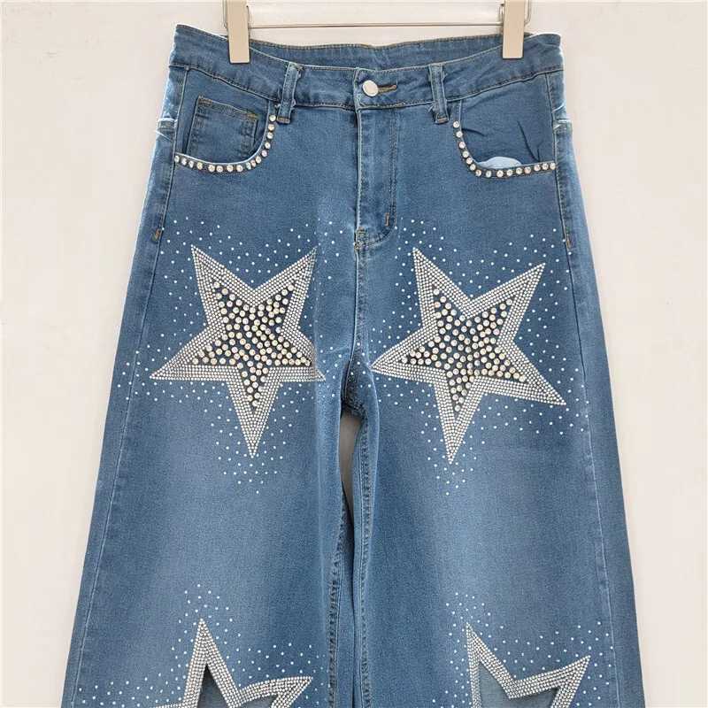 ANJY Autumn New Women Jeans Heavy Craft Studded Diamonds Hollow Out Star Straight High Street Trendy Denim Wide Leg Pants A10277T260310