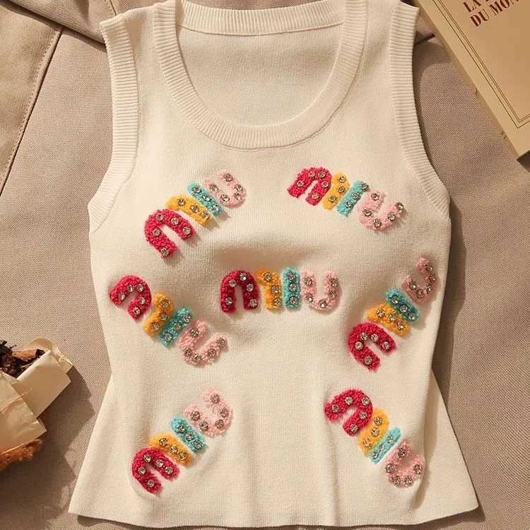 Spring And Summer New Diamond Embroidery Letter Casual Round Neck Loose Womens Sleeveless KnittedVest Fashion Short T-ShirtT260310