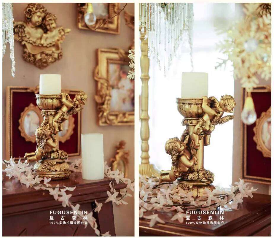 Vintage European style golden angel antique Roman pillar candle holder sculpture, architectural resin ornament, home decoration H260310