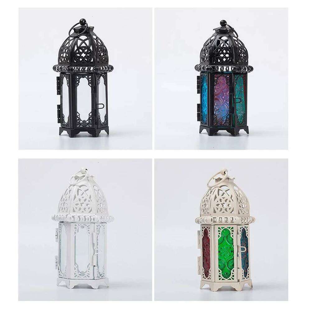 Glass Crystal Moroccan Candlestick Metal Hollow Holder Home Coffee Shop Decoration Iron Hanging Candle Lantern H260310