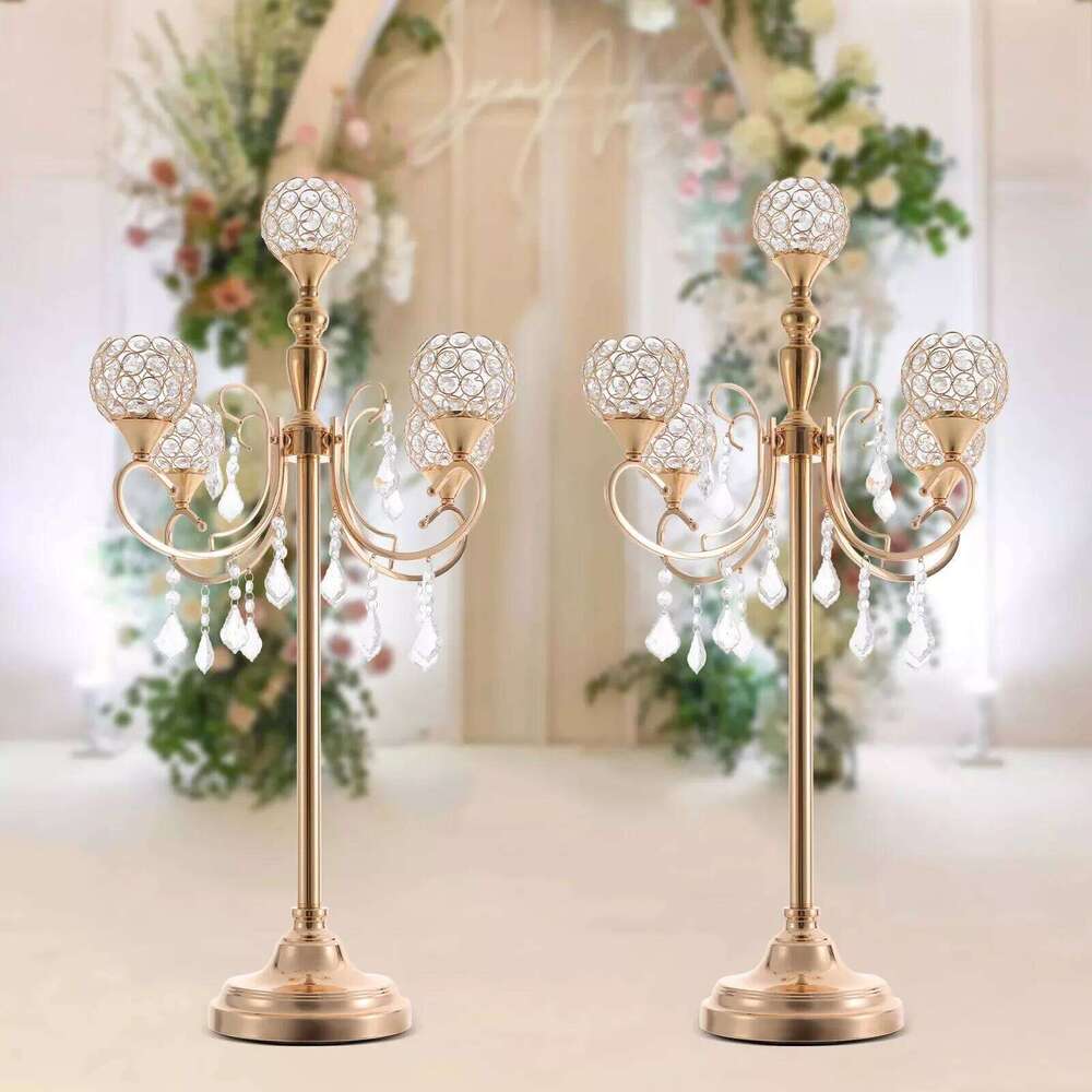 2PCS 5 Arms Crystal Candelabra Candle Holder Golden Table Centerpieces Wedding Decoration H260310