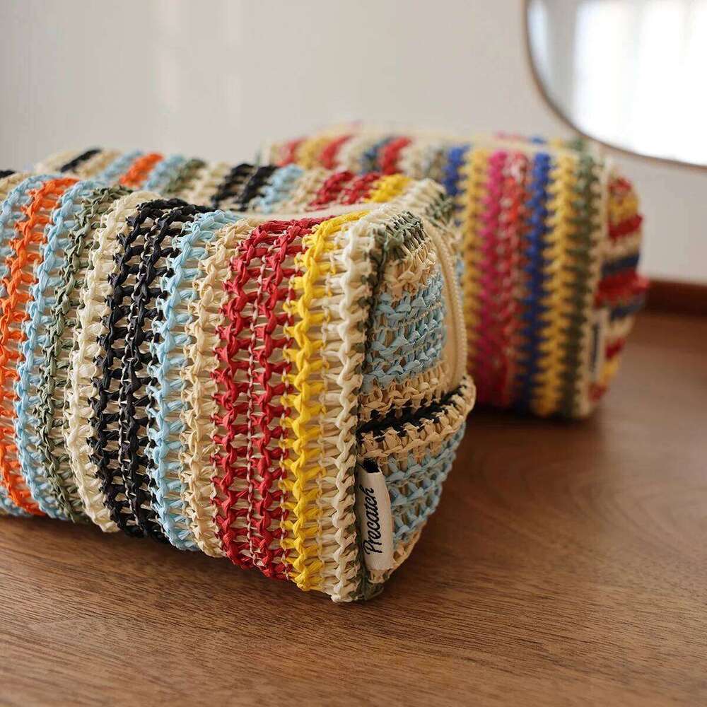 Colorful Knitted Cosmetic Bag Travel-Friendly Handbag Toiletry Pouch Women's Cosmetics & Skincare Organizer On-the-Go Bag-in-Bag XJ260310