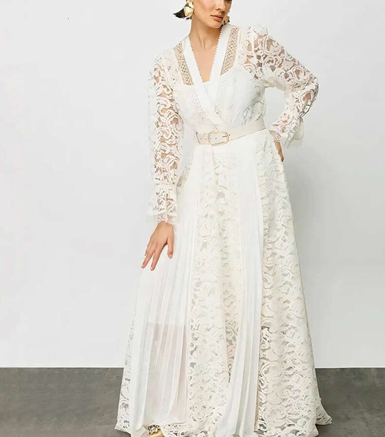 2026 Spring and Summer European and American Fashion Goddess Sexy Lace Transparent Splicing Wrinkle Two Piece Set Tassel Long Dress