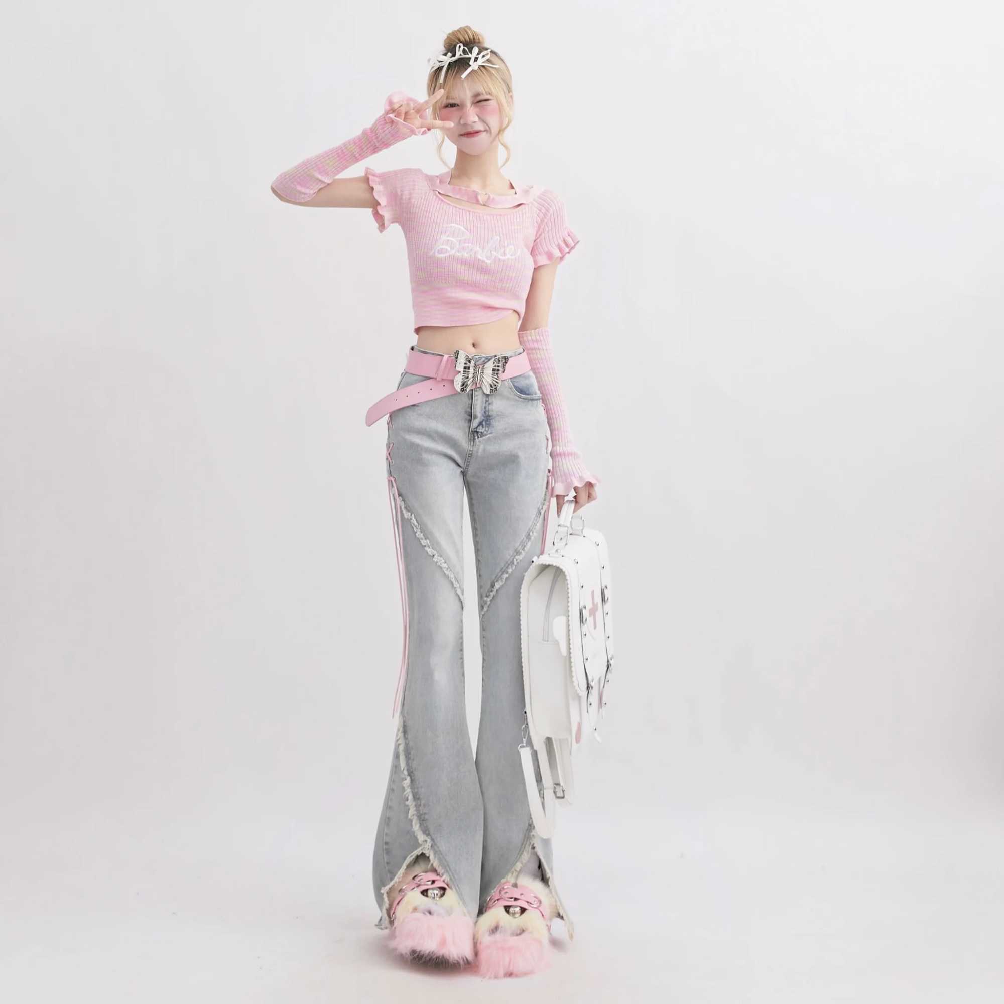 Harajuku Streetwear Retro Fashion Women High Waist Jeans Horn Fork Design Wide Leg Straight Loose Denim Trousers Y2K Baggy Pants M260310