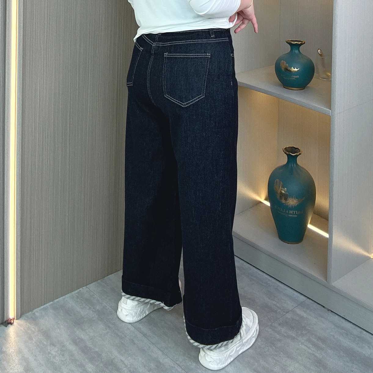 Fashion Plus Size Womens Wide Leg Jeans Autumn New Style Simple Drawstring Waist Premium Stretch Denim Full Length Pants 5353 M260310