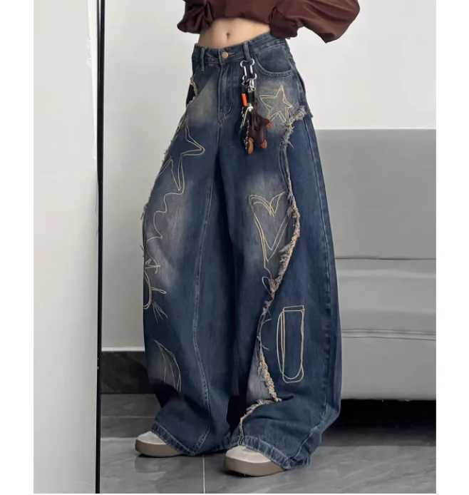 New Large Size Retro Women Loose Wide-leg Mopping Jeans Fashion High Waist Versatile Age-reducing Blue Printed Straight Trousers M260310