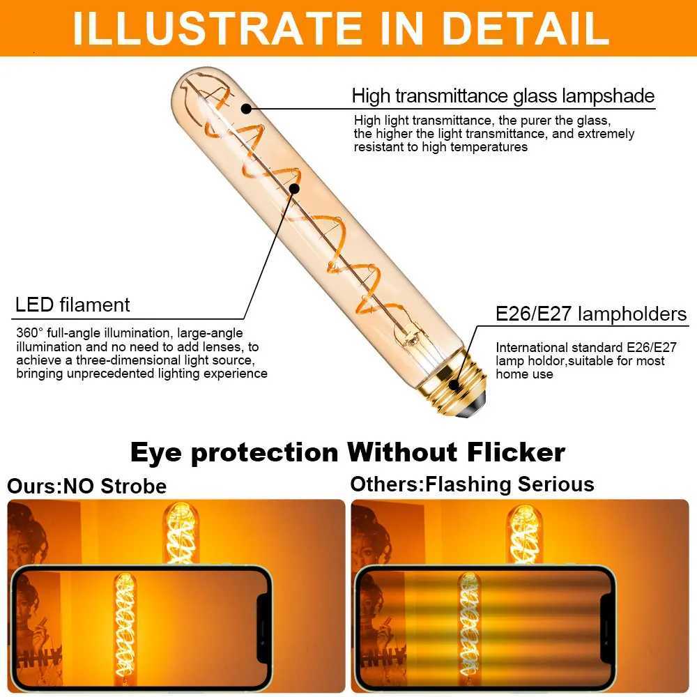 T185 Spiral Filament LED Light E26 E27 Edison Tubular Light Bulb 30 Watt Equivalent 3W 2200K Warm White Retro Amber Glass Bulbs H260310