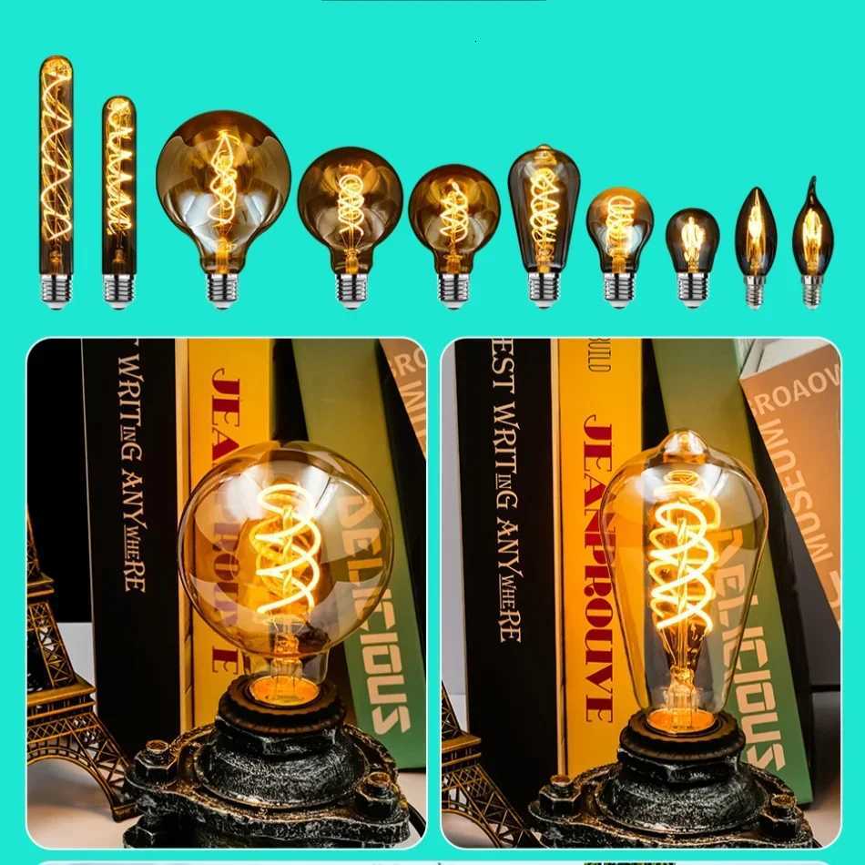 2/4pcs Retro LED Edison Bulb E14 E27 220V Spiral Soft Filament Warm Yellow Led Light Bulb Indoor Decor Tube Globe Vintage Lamp H260310