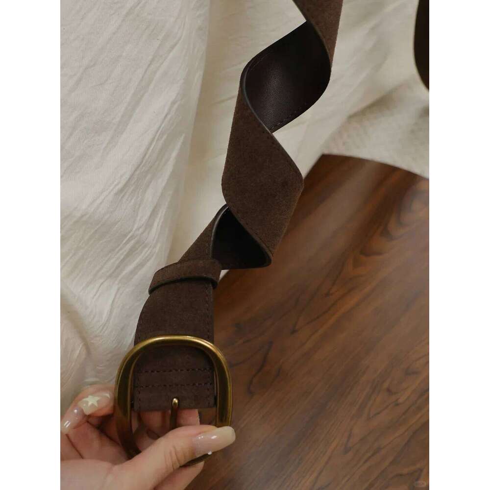 Genuine Vintage Women's Fashion Retro Brown Suede Belt Gold Buckle Leather Waistband for Dress Coat Jeans H260310