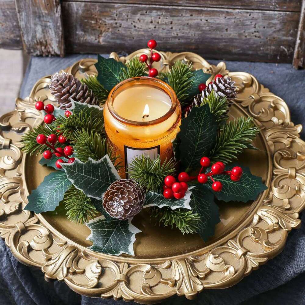 Christmas Candle Ring Pine Needle Garland Candlestick Holder Xmas Wreath Ornament for Festival Home Dining Table Decor H260310