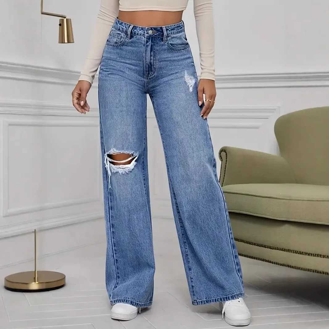 Hole Jeans Women Denim Wide Leg Pants Vintage Distressed Ripped Trousers 2025 Streetwear High Waist Washed Pockets Floor Length M260310