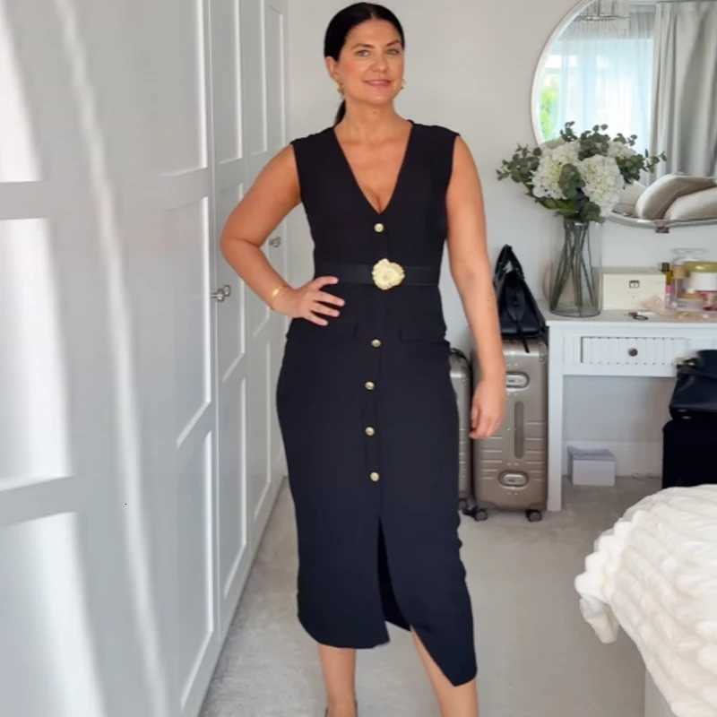 HXAO Womens Dresses Midi Black Dress Summer 2025 Elegant Casual Female Belt Button Slveless Long Dresses Chic Resort Vestidos X260310