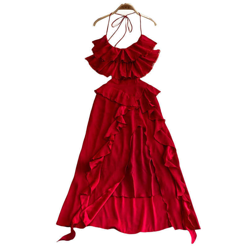 2026 designer's bright red backless collar dress with ruffled edges and perfect seaside travel and vacation