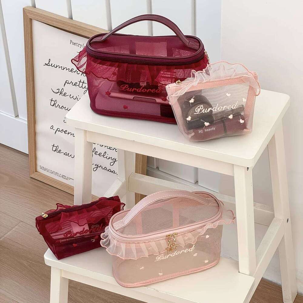 1pc Purified Red Mesh Makeup Bag with Ruffle Detail Love Embroidery Cute Portable Cosmetic Organizer for Girls Toiletry Pouch XJ260310