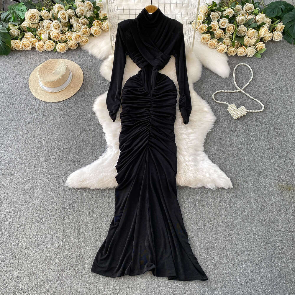 Unique and exquisite women's cross neck semi high neck dress from Europe and America, niche and elegant irregular pleated skirt