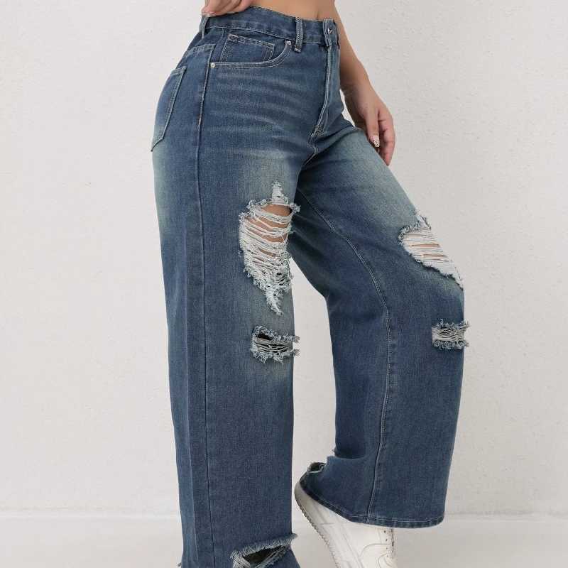 Autumn and Winter Trendy High-waisted Ripped Loose Wide-leg Straight-leg Jeans for Women Casual Fashionable and Versatile M260310
