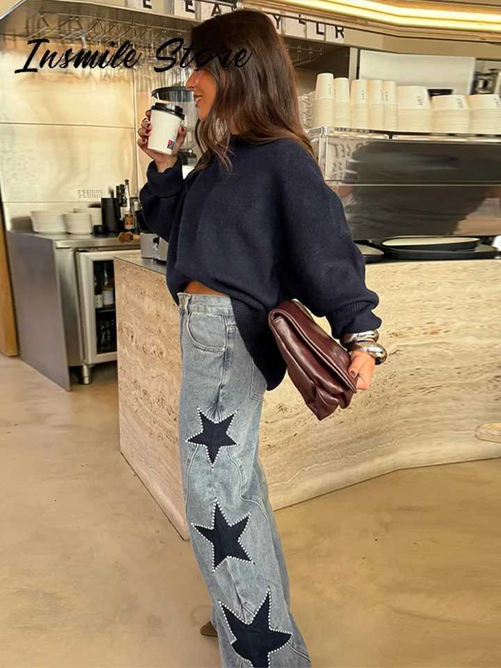 Fashion Womens Diamond Star Blue Jeans High Waist Pockets Zipper Wide Leg Denim Pant 2026 Spring Lady Street All-match TrouserT260310