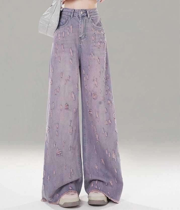 Large Size American Retro Ripped Jeans Women Spring Autumn High Waist Straight Fashion Versatile Wide Leg Floor Pants M260310