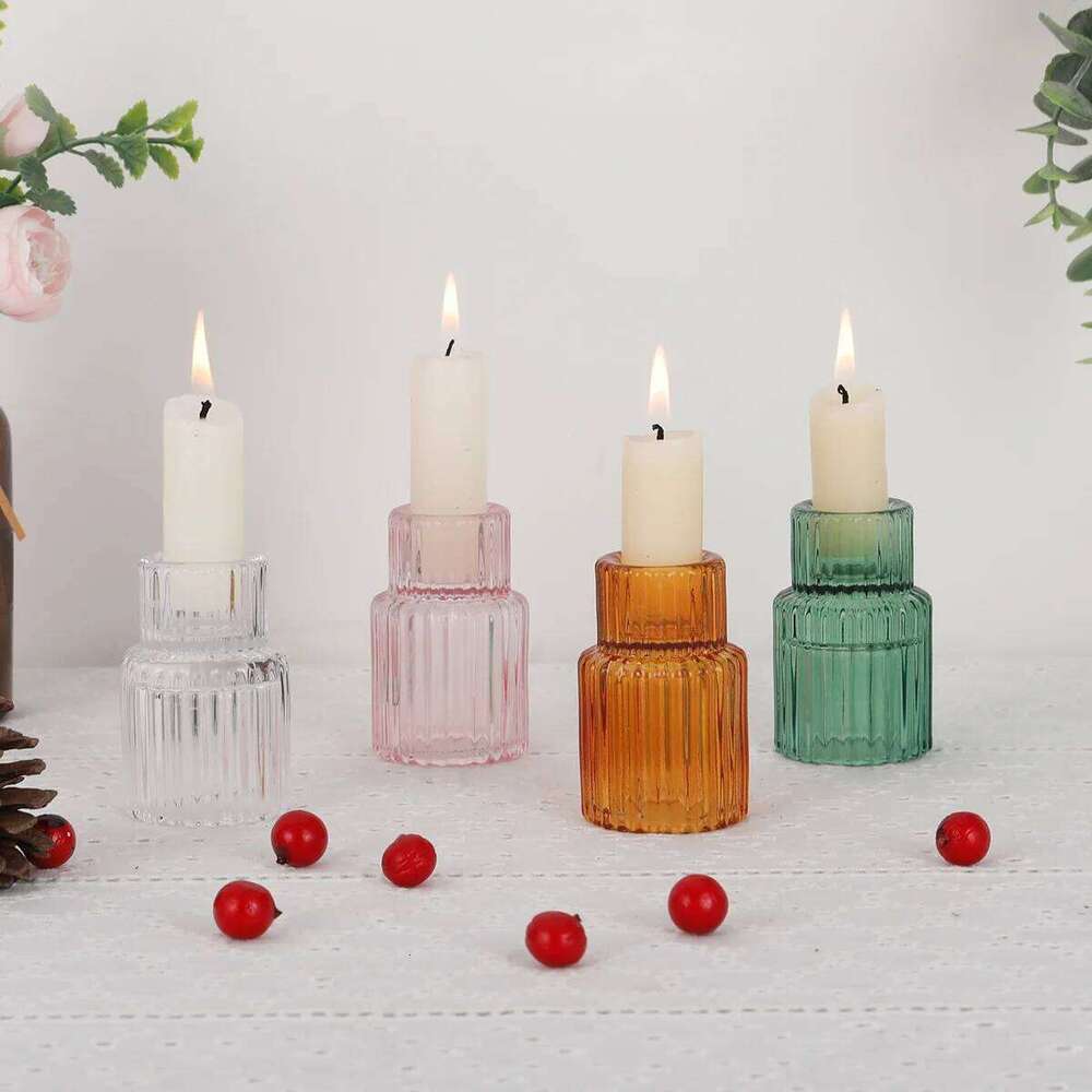 3PCS set Glass Candlestick,Stick candle Holder,Transparent Pink Green Amber color,Wedding romantic table Candle stand,Home Decor H260310