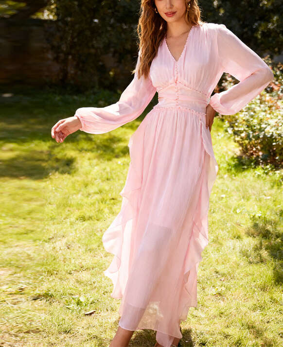 2026 spring and summer elegant and simple pure color V-neck silk vacation style flowing long skirt for European and American women