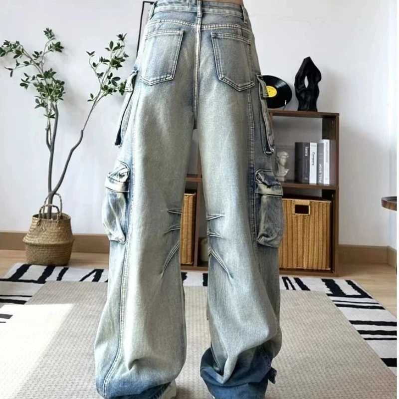 Women Y2k Jeans Fall Trendy Oversized Pocket Design Distressed Wash Vintage Cargo Jeans Loose Fit Denim Pants M260310