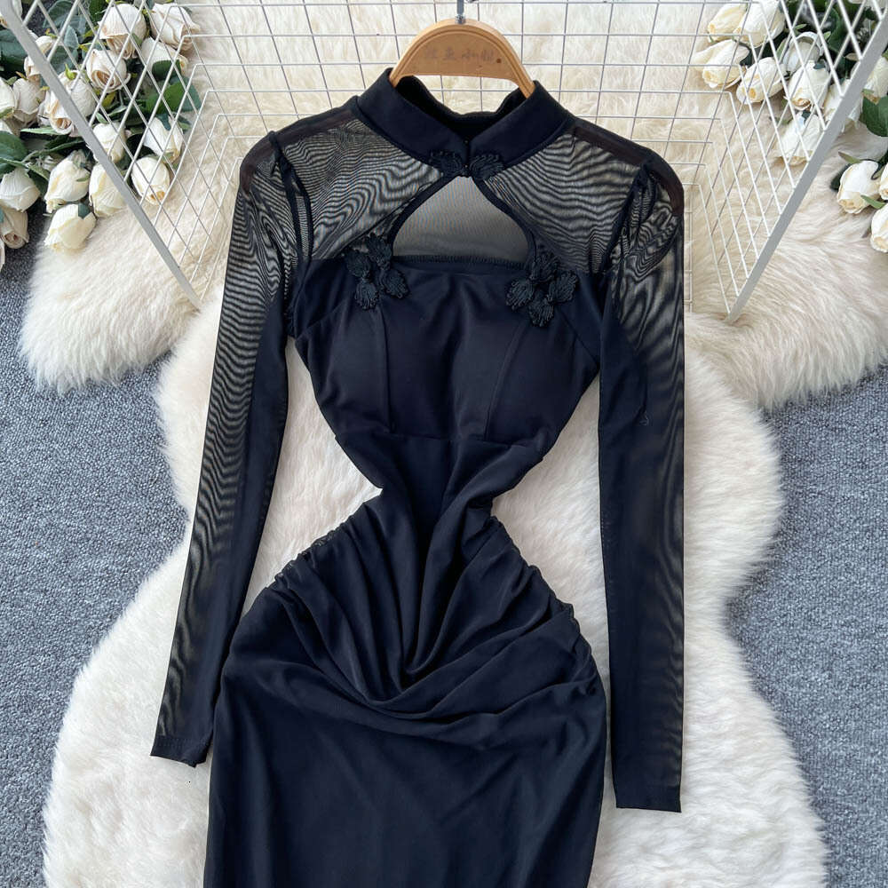 New Chinese style women's clothing 2026 autumn and winter elegant and sexy hollow out stand collar mesh long sleeved slit