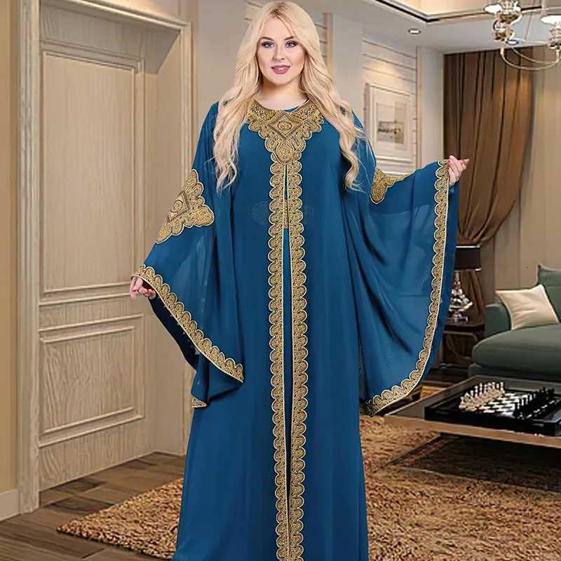 Women Abaya Party Dresses Muslim Caftan 2 Piece Set Eid Flare Slves Robe Embroidered Gold Lace Dress Suit Jalabiya Ramadan X260310