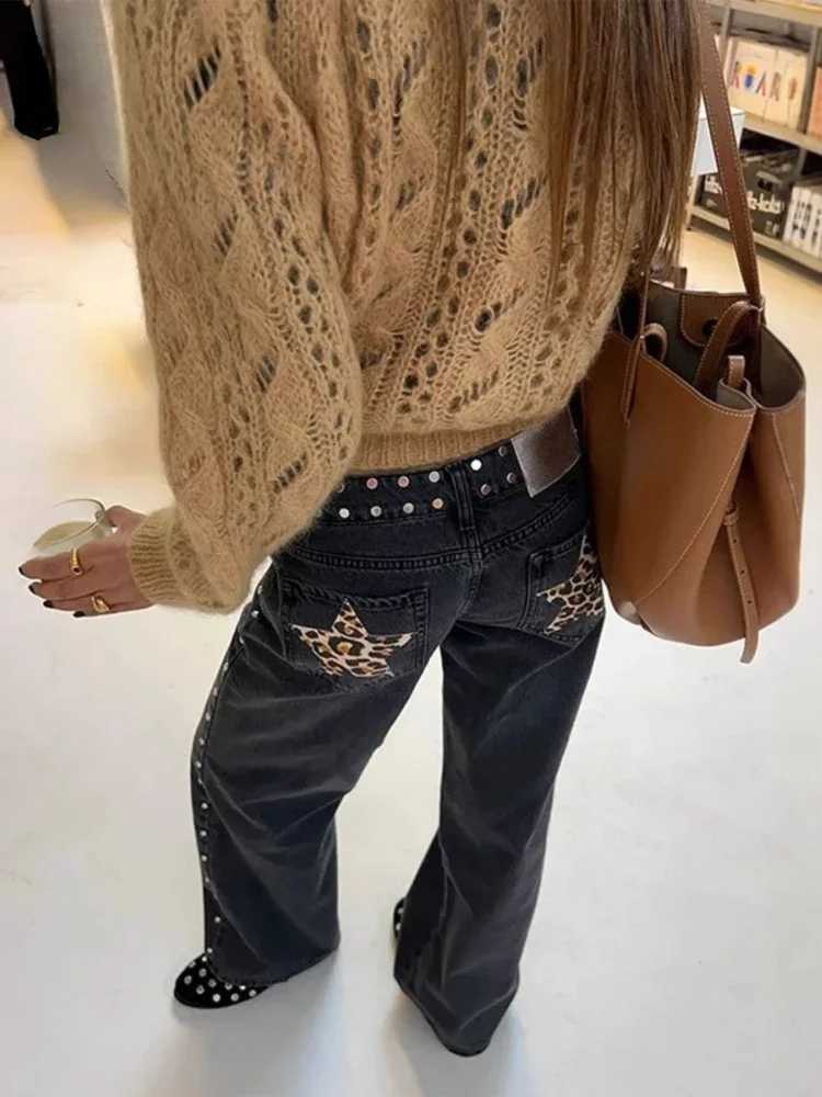 Deeptown Y2k Black Vintage Leopard Star Patchwork Women Jeans Punk American Style Denim Trousers Straight Baggy High Street M260310