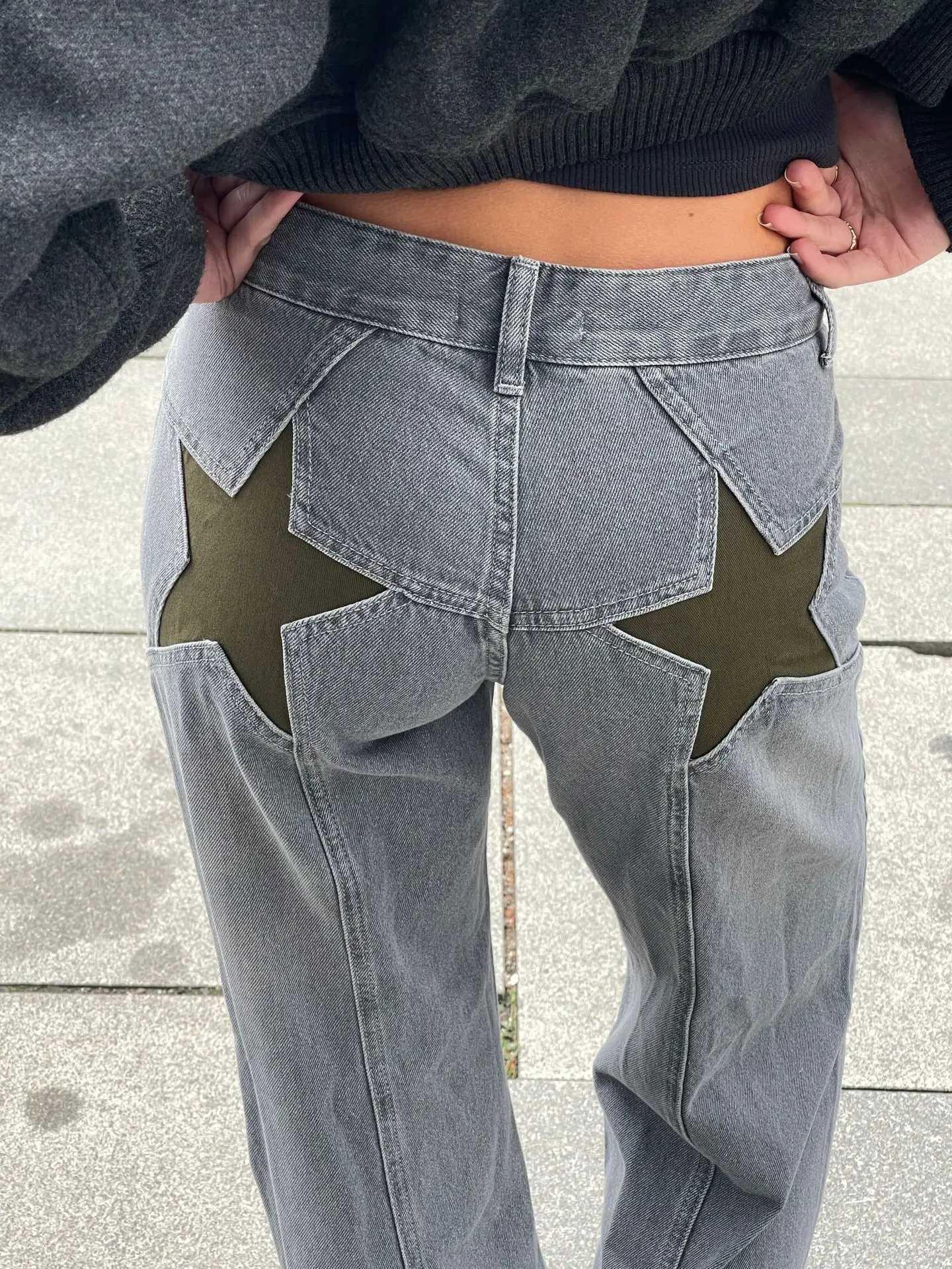 Women Fashion Jeans Y2K Star Pattern Loose Denim Pants Spring Fall Casual Low Waist Trousers Wide Leg PantsT260310