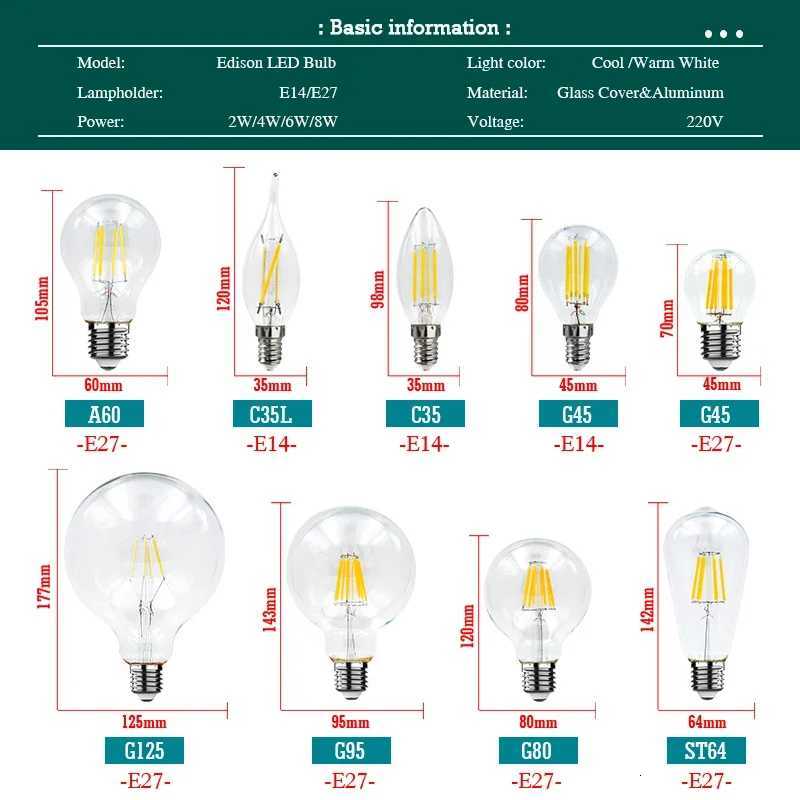 6Pcs Retro Edison E27 E14 LED Filament Lamp AC 220V Light Bulb C35 G45 A60 ST64 G80 G95 Lampada Glass Bulb Vintage Candle Light H260310