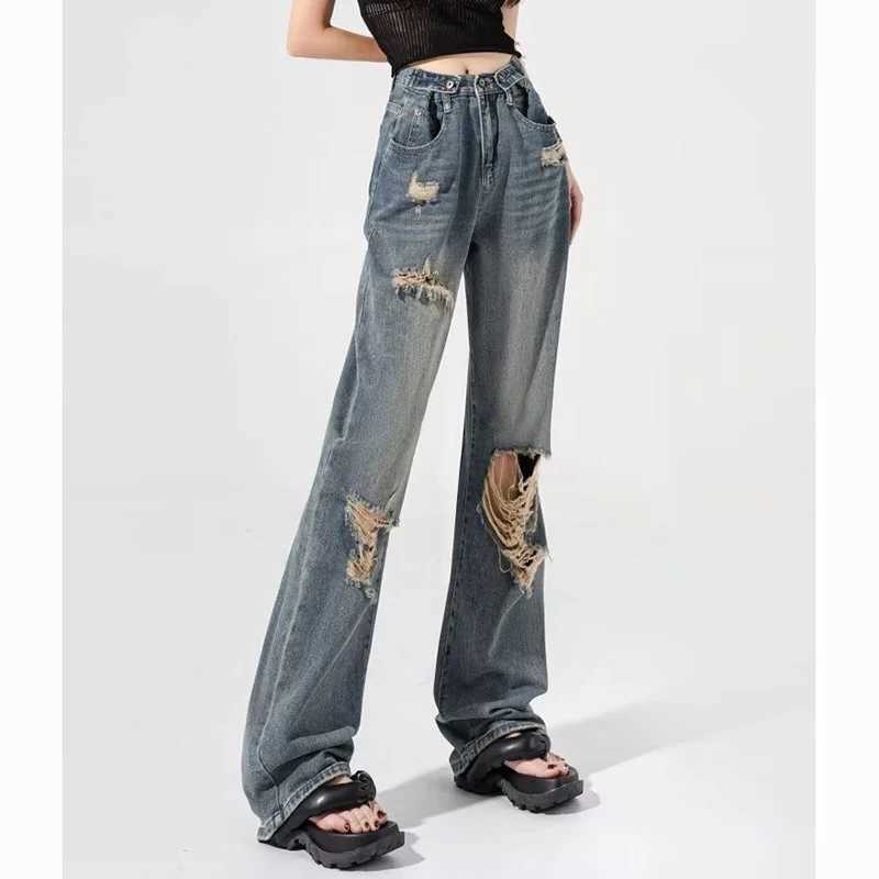 New Blue Ripped s Straight Leg Jeans Female Korean High Waist Casual Denim Trousers Lady Fashion Designer Baggy Pants M260317