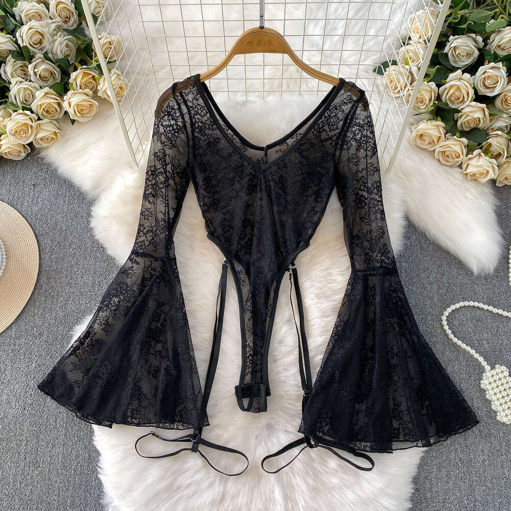 European and American sexy thin lace V-neck bell shaped sleeve women's jumpsuit summer design with tie 2026