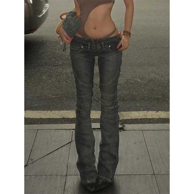 Women Vintage Low Rise skinny Flare Jeans Streetwear Gyaru Harajuku Trashy Y2K Denim Pants 2000s 90s Slim Trousers Pantalones M260310
