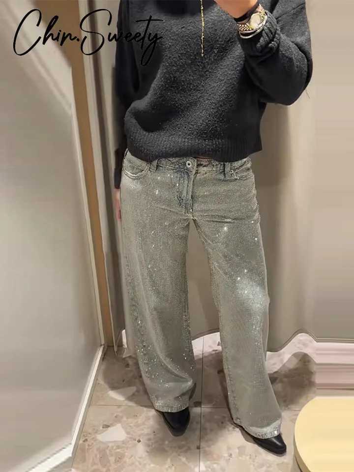 Chic Diamond Decor Womens Denim Pants Shiny Stars Mid Waist Lady Straight Pant 2026 Spring Fashion Female Street Trousers NewT260310