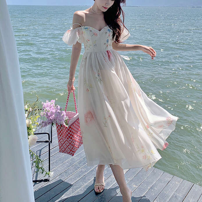 Designer Off Shoulder Puff Cuff Flower 2025 Spring/Summer French Style Elegant Women's Long Dress