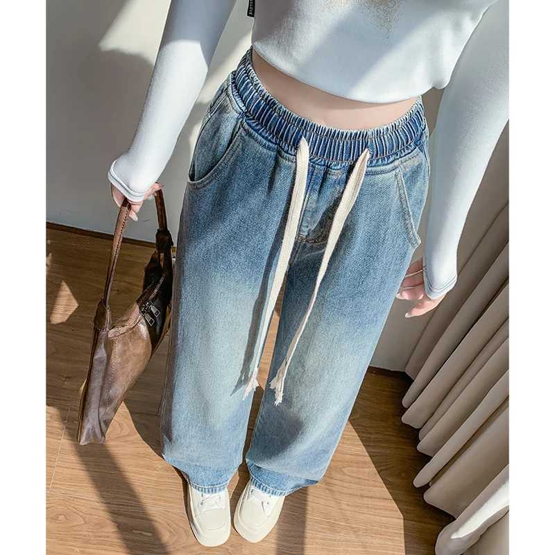 L-6XL Plus Size Jeans For Women Spring 2025 High Waist Straight Blue Jeans Trousers Wide Leg Loose Drawstring Large Size Jeans M260310