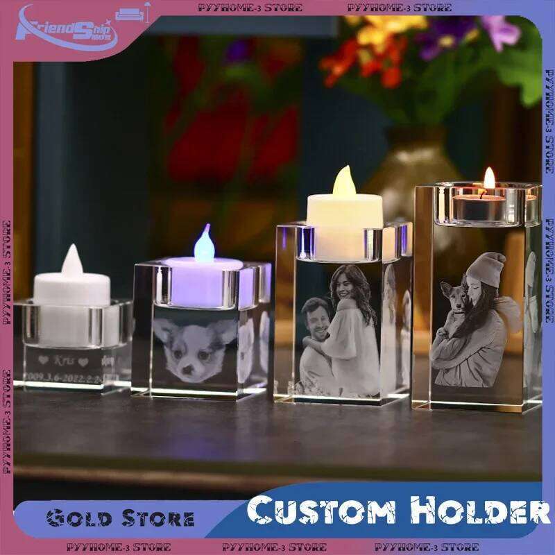 2D Custom Personalized Candle Holder Engraved Clear Crystal Candlestick with Picture Text Home Decor Birthday Christmas Gifts H260310