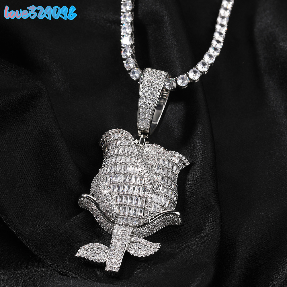 Iced Out Full Moissanite Diamond Rose Flower Pendant Necklace Women Gift Multiple Color Flower Necklace with