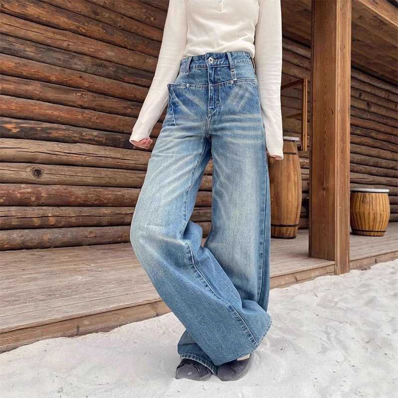 European and American RETRO Washed Blue Low Rise Jeans for Women 2025 Winter Y2k Millennium Style Spicy Slimming Floor Pant M260310