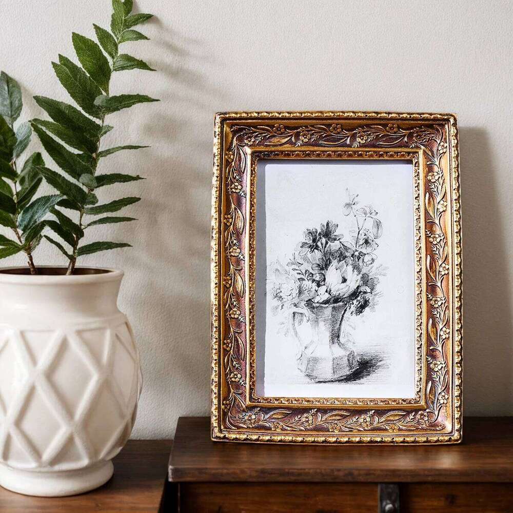 1PC, golden retro photo display frame, resin material three-dimensional pattern decorative frame H260310 - view 5