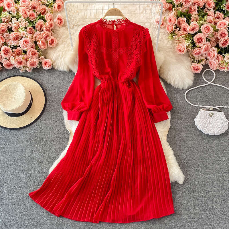 Spring and Autumn Palace Style Retro Lace Bordered Folded Chiffon Dress High Waist Elegant Slim Fit Wide Bottom