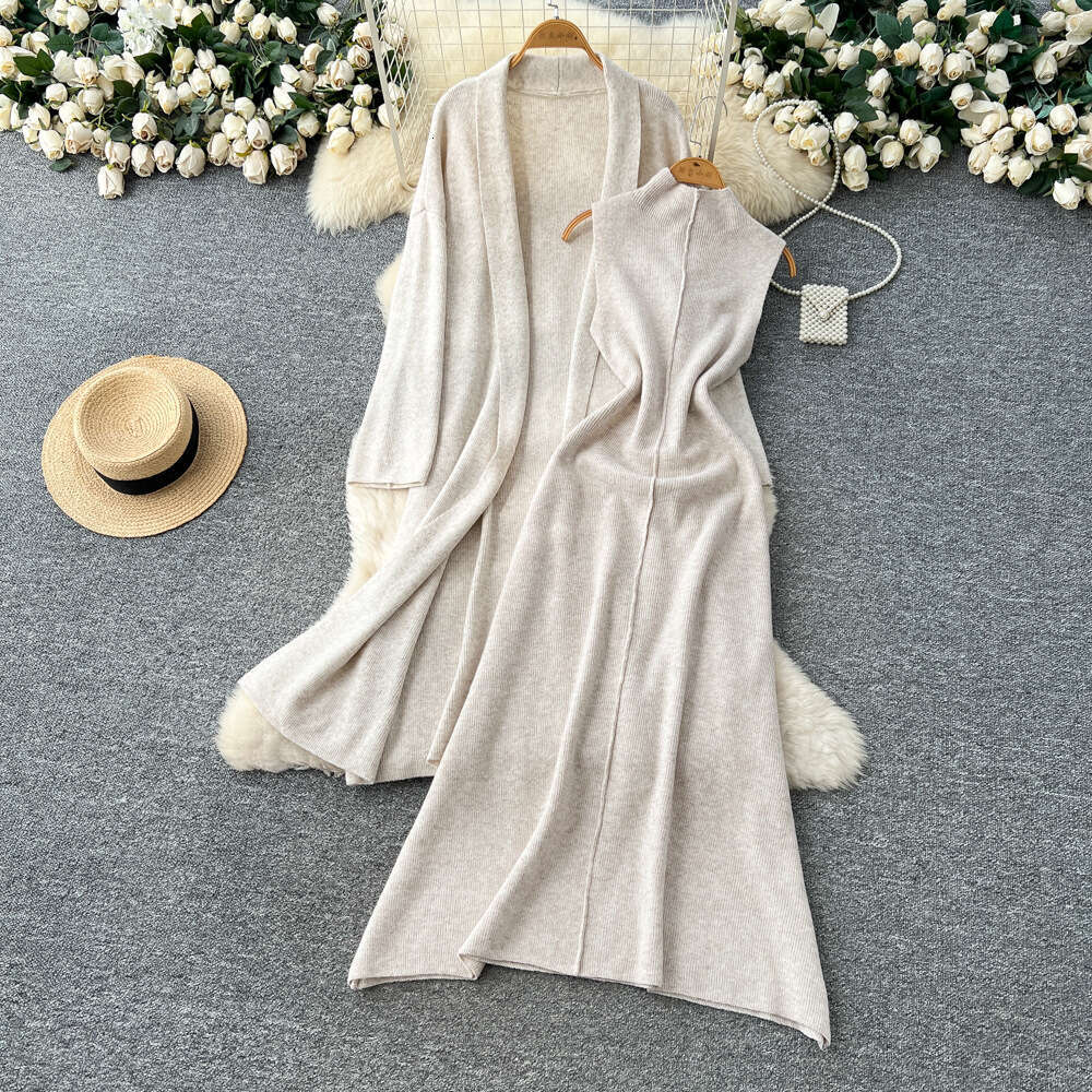 French women's autumn and winter casual fashion sleeveless waist tied knit dress paired with loose cardigan wool sweater