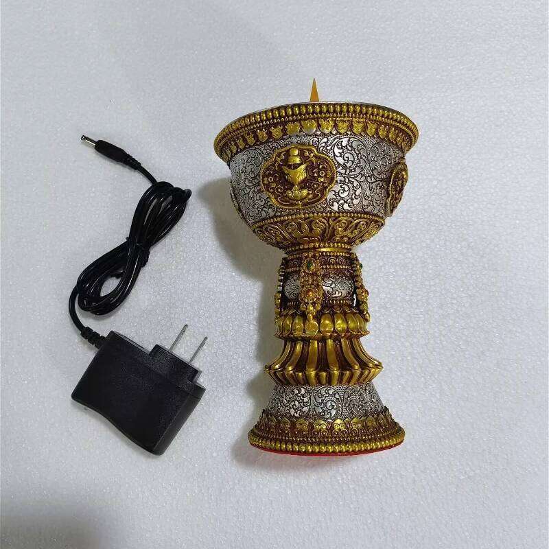1pc Resin Rechargeable Candle Holder Tibetan Electronic Butter Lamp Buddhist Table Centerpiece Simulated Flame Home Decorative H260310