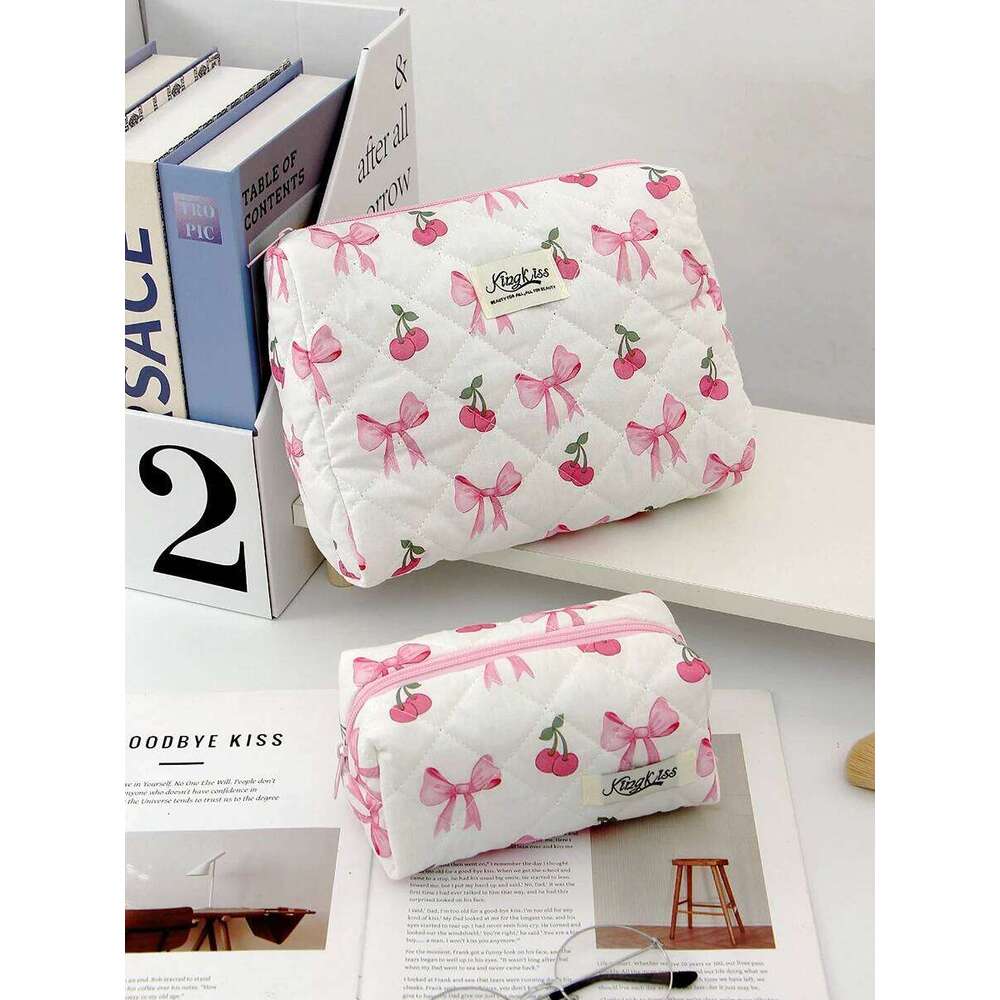 1pc/set Cherry Bow Quilted Multifunctional Handheld Makeup Bag, Portable Toiletry Bag Set with Zipper XJ260310